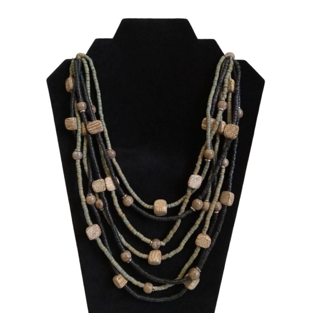 Green and Black Wood Beaded Multi Strand Layered Bohemian Statement Necklace